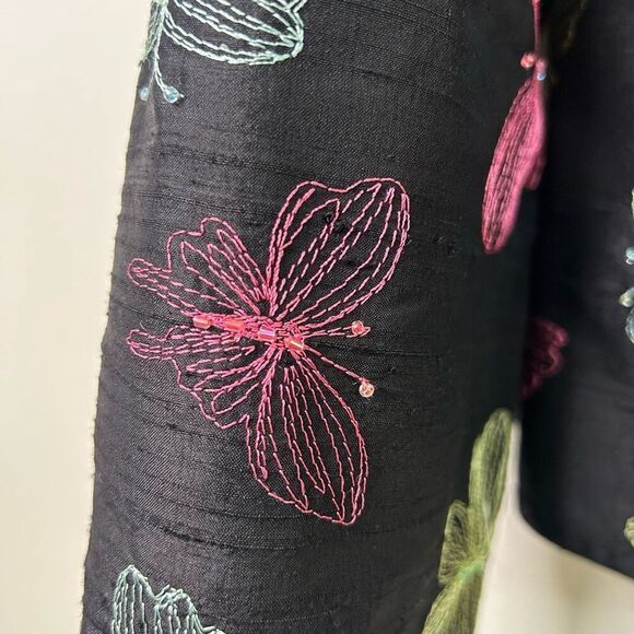 Peck & Peck Silk Butterfly Jacket Black Embroidered 100% Silk Blazer Size 16 - Picture 5 of 11